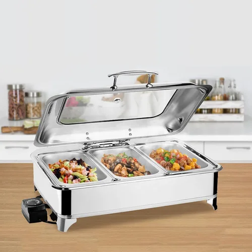 Miniatura 9 de Calentador de alimentos de 9 litros, juego de bufé rectangular con tapa visible de vidrio y control de temperatura, servidores de buffet