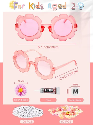 Miniatura 2 de Dunzy 10 pares de lentes de sol redondos de flores para niños, gafas de bricolaje para exteriores, con 50 margaritas, 100 cuentas de letras al azar