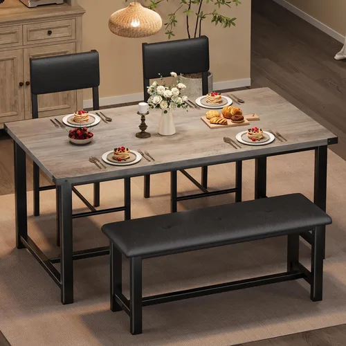 Miniatura 7 de Juego de mesa de comedor de madera Garvee para 4, mesa de cocina y 2 sillas tapizadas con banco, juego de comedor rectangular, para espacios Mármol