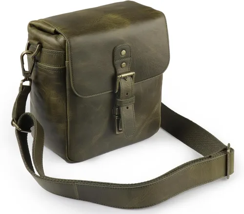 Miniatura 10 de Bolso bandolera para cámara de piel auténtica MegaGear, para cámaras mirrorless, dispositivo electrónico portátil Caqui Verde