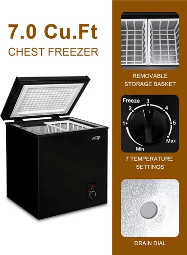 Miniatura 5 de Chest Freezer 7.0 cu.ft Mini Adjustable 7 Thermostat Compact Deep Freezer Top Door Low Noise with Removable Basket Black Negro