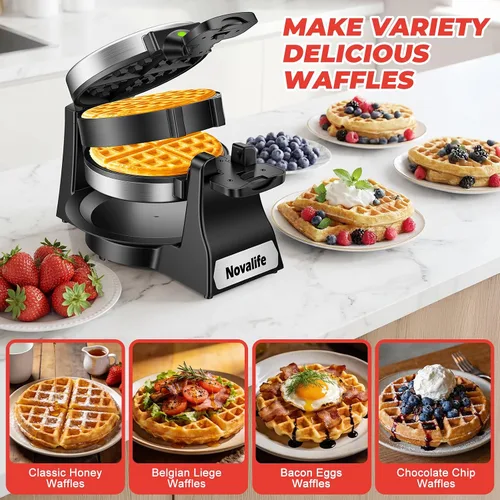 Miniatura 7 de Waffle Maker, 1400W Belgian Waffle Maker, Double Waffle Iron 180° Flip, 8 Slices, Rotating & Nonstick Plates, Removable Drip Tray Easy to Clean