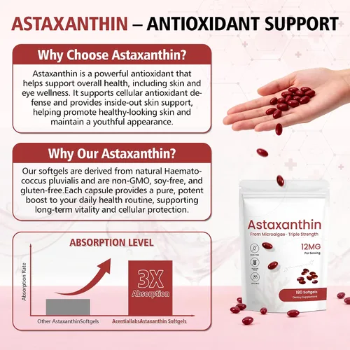 Miniatura 4 de Suplemento de astaxantina de 12 mg, 180 cápsulas blandas, suministro para 6 meses Antioxidante natural de microalgas frescas para la salud