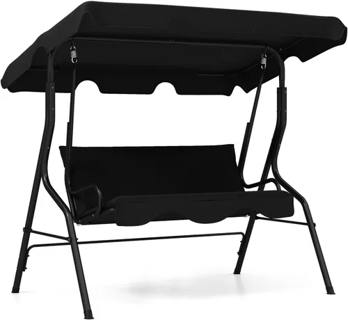 Miniatura 13 de RELAX4LIFE Silla columpio para porche para 3 personas, columpio para exteriores con toldo ajustable, cojín extraíble y soporte de marco de metal