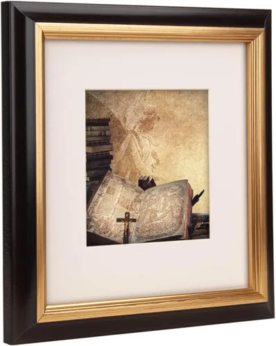 Miniatura 3 de Marco de fotos vintage neutro de 2 tonos de caoba negra y latón antiguo de 8 x 8 pulgadas, perfil de madera real pintado a mano, con paspartú
