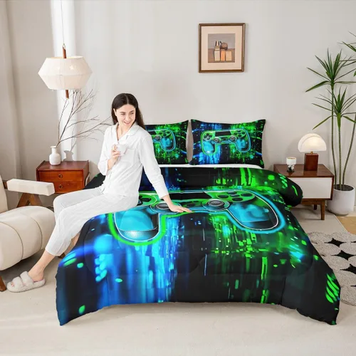 Miniatura 30 de Manfei Juego de edredón moderno de 2 piezas con estampado de consola de videojuegos de panal azul con 1 funda de almohada, juego de ropa de cama
