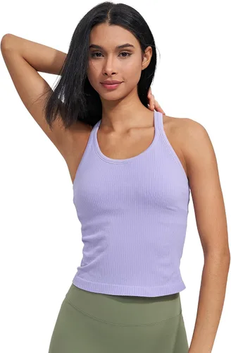 Miniatura 12 de sphinx cat - Camiseta corta de entrenamiento para mujer, camiseta sin mangas, acanalada, con espalda cruzada y brasier integrado