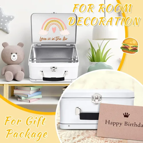 Miniatura 6 de Rtteri Paquete de 6 loncheras de lata retro de 8 x 6 x 4 pulgadas con tapas con bisagras, caja grande para almacenamiento, diseño en blanco, Plateado