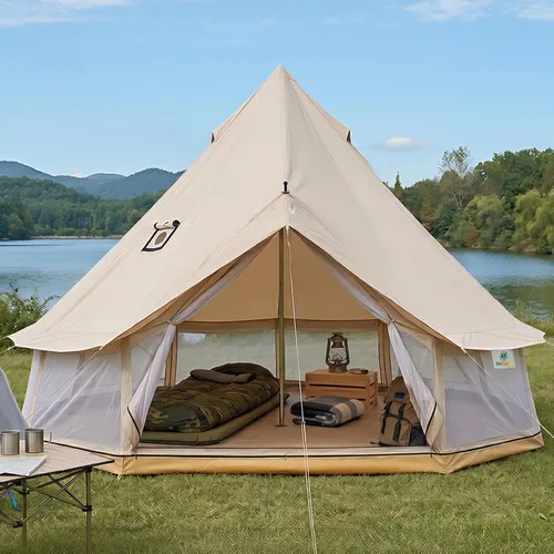 Miniatura 2 de Tienda de campaña Bell Yurt con gato de estufa, tienda de campaña de lujo impermeable para 4 estaciones, tela Oxford 420D, tiendas de campaña verde