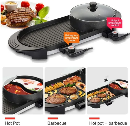 Miniatura 2 de SEAAN Olla caliente con parrilla, parrilla eléctrica para interiores, Shabu Shabu Shabu Pot coreana sin humo, doble temperatura contral, capacidad