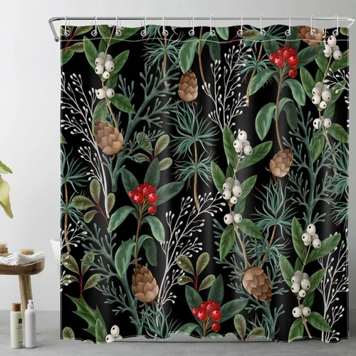EOBTAIN Cortina de ducha de hojas verdes de Navidad para baño, ramas de piña y abeto con bayas rojas sobre negro, cortina de ducha con 12 ganchos,