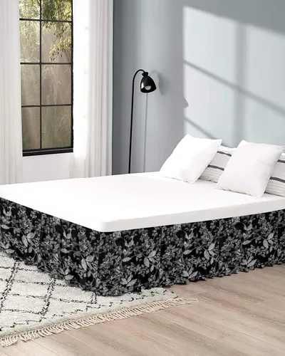 Miniatura 5 de Falda de cama de flores negras tamaño Queen de 16 pulgadas de caída, ajustable y elástica envolvente, plisada, con volantes de polvo de lujo