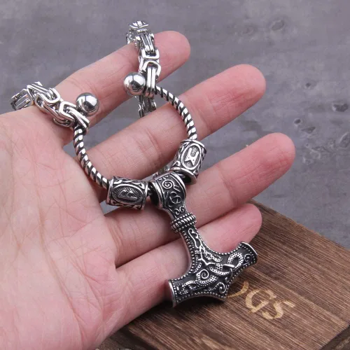 Miniatura 3 de Cadena King de acero inoxidable con cuentas de runa y collar vikingo de martillo mjolnir con caja de madera como regalo de novio DD377