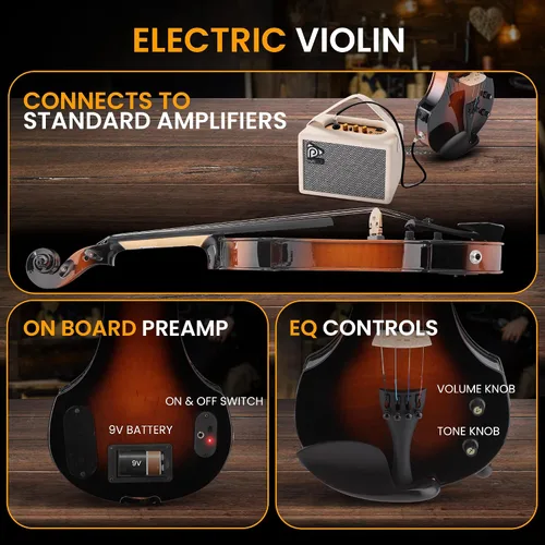 Miniatura 2 de Pyle Violín eléctrico silencioso 4/4 con kit de amplificador, violín de madera maciza con amplificador de 10 W y accesorios completos, instrumento