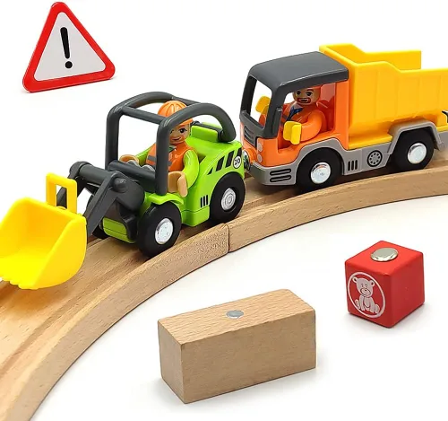 Set de vagones de tren de madera con pista Accesorios para pista de tren con excavadora y camión volquete Vehículos pequeños Vagones de tren