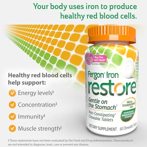 Miniatura 3 de Fergon Iron Restore - Tabletas masticables suaves para el estómago, sin estreñimiento, hierro de 27 mg para apoyo energético, 60 tabletas