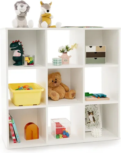 Costzon Organizador de almacenamiento de juguetes de 9 cubos, estantería de madera de 4 niveles para almacenamiento de libros y juguetes, estante