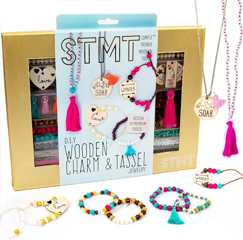 STMT Kit de Arte y Manualidades de Joyería DIY de Dijes de Madera y Borlas por Horizon Group USA, Diseña y Crea 10 Piezas de Joyería de Chica Vsco,
