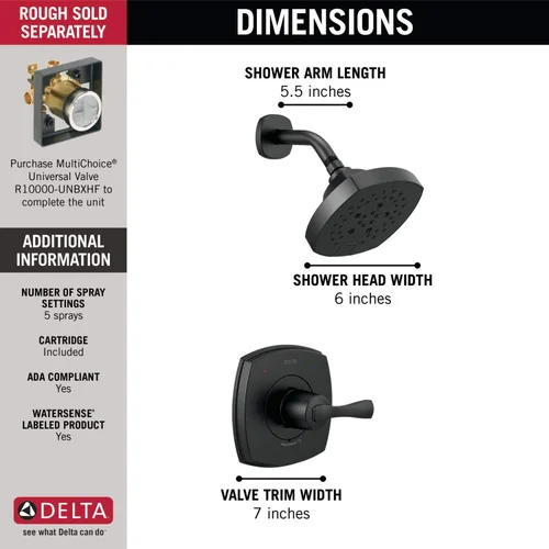 Miniatura 4 de Delta Faucet Stryke Serie 14 - Grifo de ducha de una sola función, kit de molduras de ducha, cabezal de ducha H2Okinetic de un solo rociador, negro