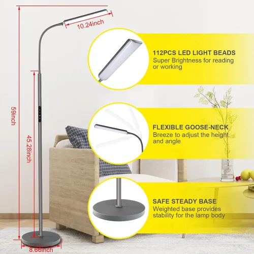 Miniatura 4 de Lámpara de pie LED Dimunt, lámpara de pie brillante de 15W para sala de estar con temporizador de 1H, lámpara de pie regulable de 3000K-6000K Gris