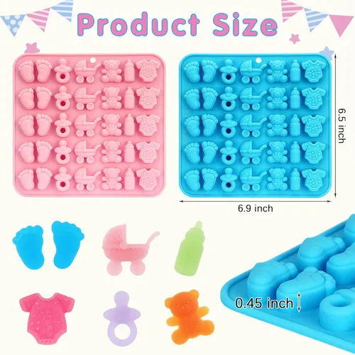 Miniatura 2 de Paquete de 2 moldes de chocolate para baby shower, moldes de dulces de silicona para bebés con formas de enterizo, pies, chupete, cunas, oso