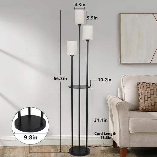 Miniatura 7 de Lámpara de pie con estantes, lámparas de pie modernas para sala de estar, lámpara de pie de 3 luces con pantalla de lino e interruptor de pie