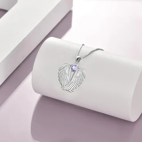 Miniatura 2 de YFN Collar de alas de ángel de plata de ley 925 con colgante de alas de ángel de la guarda, collar de piedra natal para mujeres y niñas, regalos