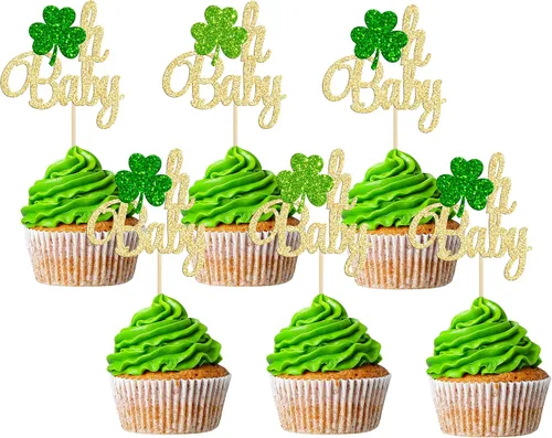 Miniatura 9 de Gyufise 1 decoración para pastel del día de San Patricio, trébol verde con purpurina de cuatro hojas, decoración de pastel de cumpleaños, decoración