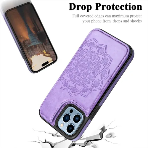 Miniatura 7 de MMHUO Funda protectora para iPhone 15 Pro Max con tarjetero y botones magnéticos de flores para mujer, color morado Púrpura