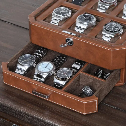 Miniatura 9 de Juego de regalo Caja de reloj de cuero con 6 ranuras con cajón de valet, organizador de exhibición de lujo para reloj, forro de microgamuza, caja
