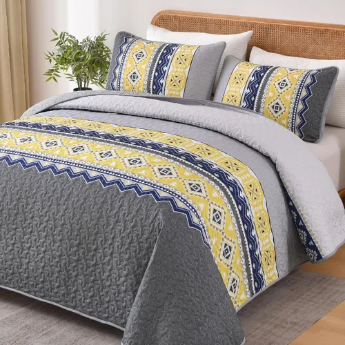 Miniatura 14 de WONGS BEDDING Juego de edredón bohemio de color beige, tamaño Queen, juego de colcha con estampado geométrico con 2 fundas de almohada, juego