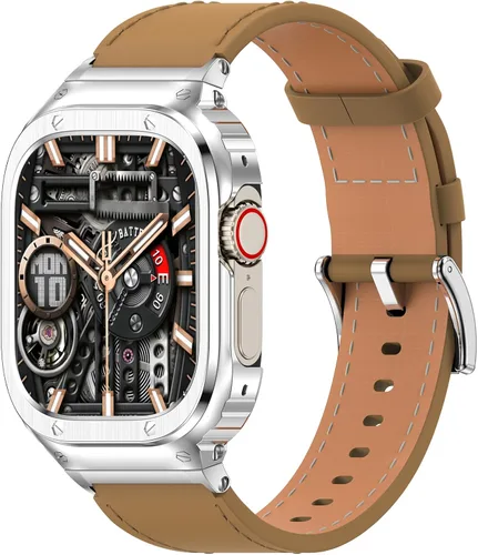 Miniatura 8 de SUPLINK Correa de cuero con funda de acero inoxidable para Apple Watch Ultra 3/2/1 y SE 3/2/1 y Series 11 10 9 8 7 6 5 4 3 2 1 1.929 in 1.811 in