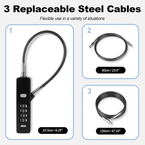 Miniatura 2 de Candado de cable de combinación de 4 dígitos, 3 cuerdas de acero trenzadas intercambiables (9"/23.6"/47.2"), cerradura de alambre antirrobo
