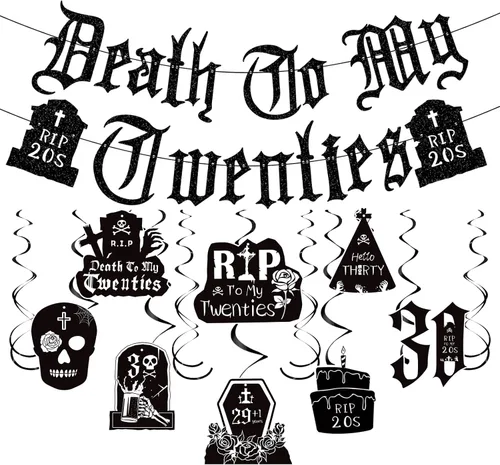 Decoraciones de Death to My 20 – 14 piezas negras para decoración de fiesta de cumpleaños de 30 años, pancarta colgante de remolinos rasgados a mis