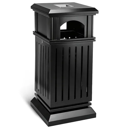 BEAMNOVA Cubo de basura negro para exteriores, bandeja superior de acero inoxidable con tapa de bloqueo, contenedor de basura industrial resistente,
