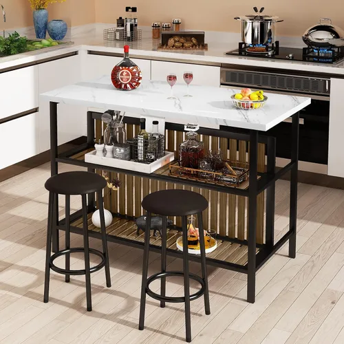 Miniatura 3 de AWQM Isla de cocina con asiento y estante de almacenamiento, mesa de isla de mármol sintético para cocina, mesa de bar moderna y sillas para 2