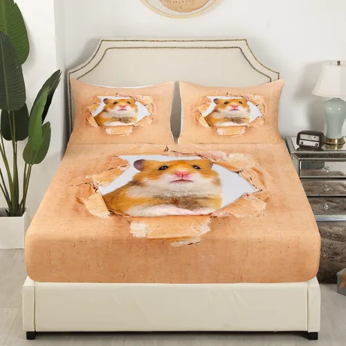 Miniatura 4 de Erosebridal Juego de sábanas de hámster, tamaño individual, color marrón, diseño de ratón 3D, lindo animal, sábana bajera ajustable Kawaii