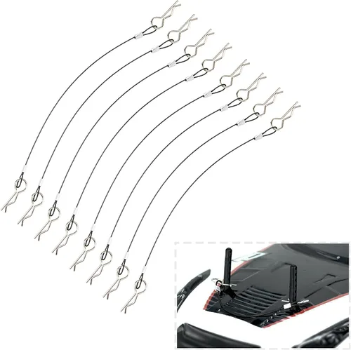 ShareGoo - Paquete de 8 clips de metal en R con cuerda antipérdida de acero para carrocería RC compatible con 1/8 1/10 Traxxas HSP Arrma Axial Negro