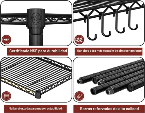 Miniatura 5 de PrimeZone Estantería de alambre con ruedas, estantes de almacenamiento de metal resistente de 5 niveles ajustables con certificación NSF
