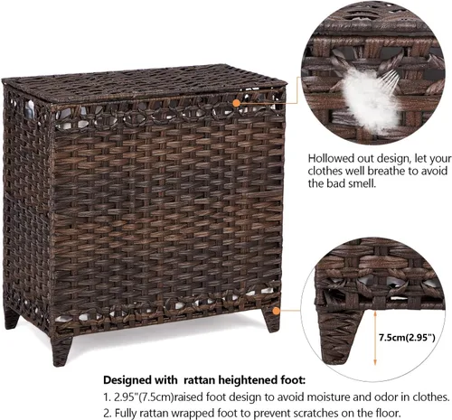 Miniatura 5 de Cesta para ropa sucia con 3 bolsas de forro extraíbles; cesta de lavandería de ratán tejida a mano de 132L con tapa y pies elevados; cesta de ropa
