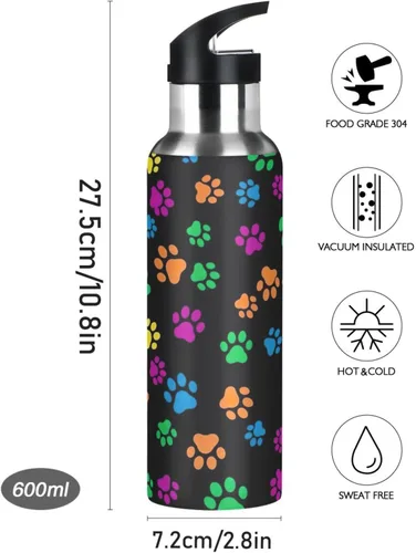Miniatura 9 de Colorful Dog Paw Prints Stainless Steel Water Bottle 32 Oz, BPA-Free Sports Water Bottle with Straw Leakproof Water Bottles