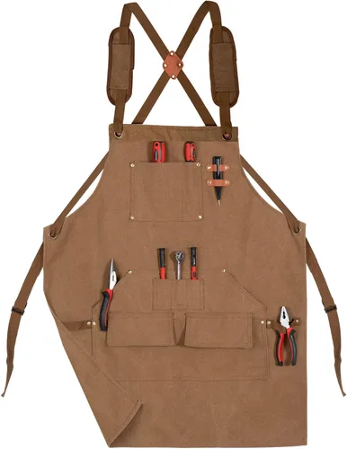 Miniatura 10 de Tosewever Delantales de trabajo para hombres con bolsillos grandes, parte trasera cruzada de lona, delantales de herramientas ajustables resistentes