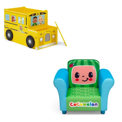 Delta Children CoComelon - Caja de juguetes para autobús escolar + silla tapizada Delta Children CoComelon (paquete)