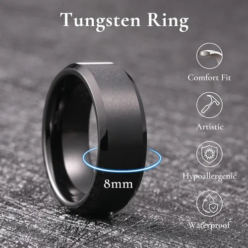 Miniatura 35 de King Will Anillo de boda de tungsteno para hombre, disponible en 15/64 a 25/64 de pulgada (6 a 10 mm), negro/plata, acabado mate, borde pulido
