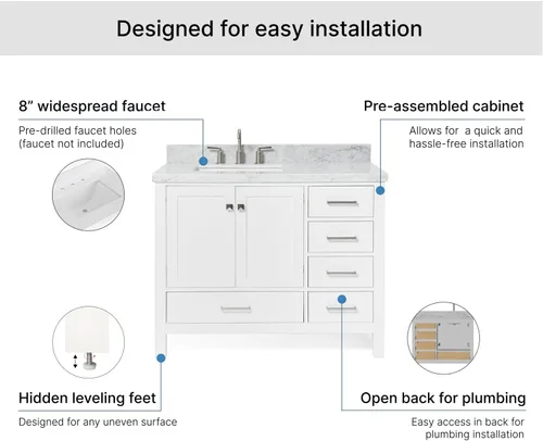 Miniatura 7 de ARIEL Cambridge - Mueble de baño con lavabo de 42 pulgadas, madera maciza, encimera de mármol italiano de Carrara de 1.5 pulgadas, fregadero Blanco