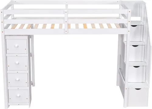 Miniatura 7 de DEINPPA Cama alta de tamaño individual con 4 cajones y estantes de almacenamiento, cama alta de madera con escaleras de almacenamiento, para niños
