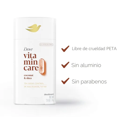 Miniatura 4 de Dove VitaminCare+ Desodorante en barra libre de aluminio para protección de olores 72H Desodorante transpirable de coco y karité para mujeres, 2.6