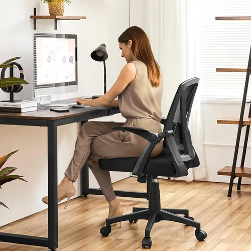 Miniatura 2 de Yaheetech Silla de oficina en casa, silla de escritorio de trabajo, silla giratoria de malla para computadora con brazos abatibles, altura Negro