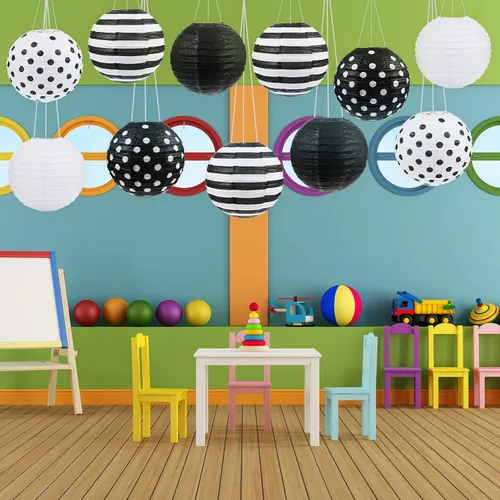 Miniatura 7 de Treela Paquete de 6 linternas de papel en blanco y negro de 8 pulgadas redondas con patrones de lunares a rayas para regreso a clases, aula, fiesta