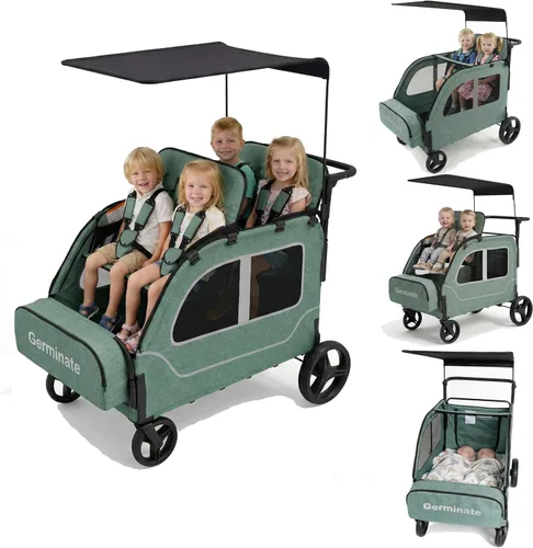 Miniatura 10 de Cochecito de 4 plazas, vagón cuádruple grande para niños de 2, 3, 4, bebé, viaje, todo terreno, empuje, triple, doble, doble cara a lado, con Gris